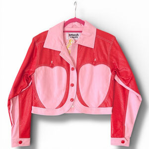 Somewhere Nowhere Red Pink Duo Heart Vegan Leather Jacket XS